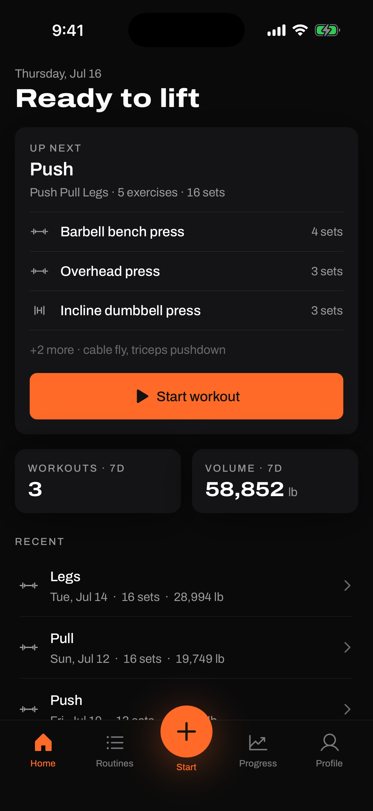 Onset dashboard: up next workout, weekly stats, and recent sessions