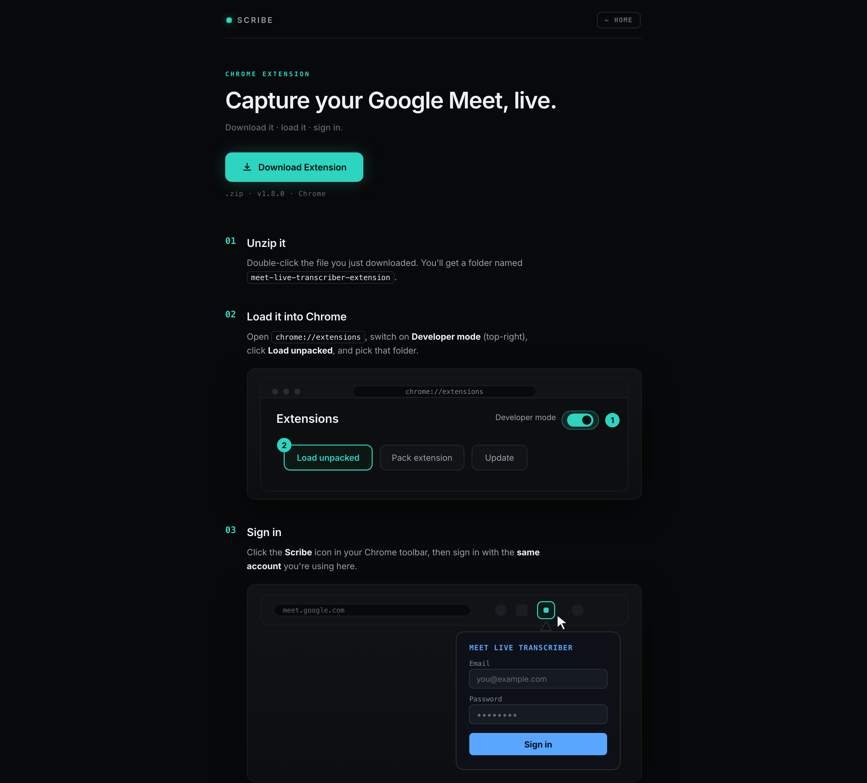 Extension install page with a three-step illustrated guide