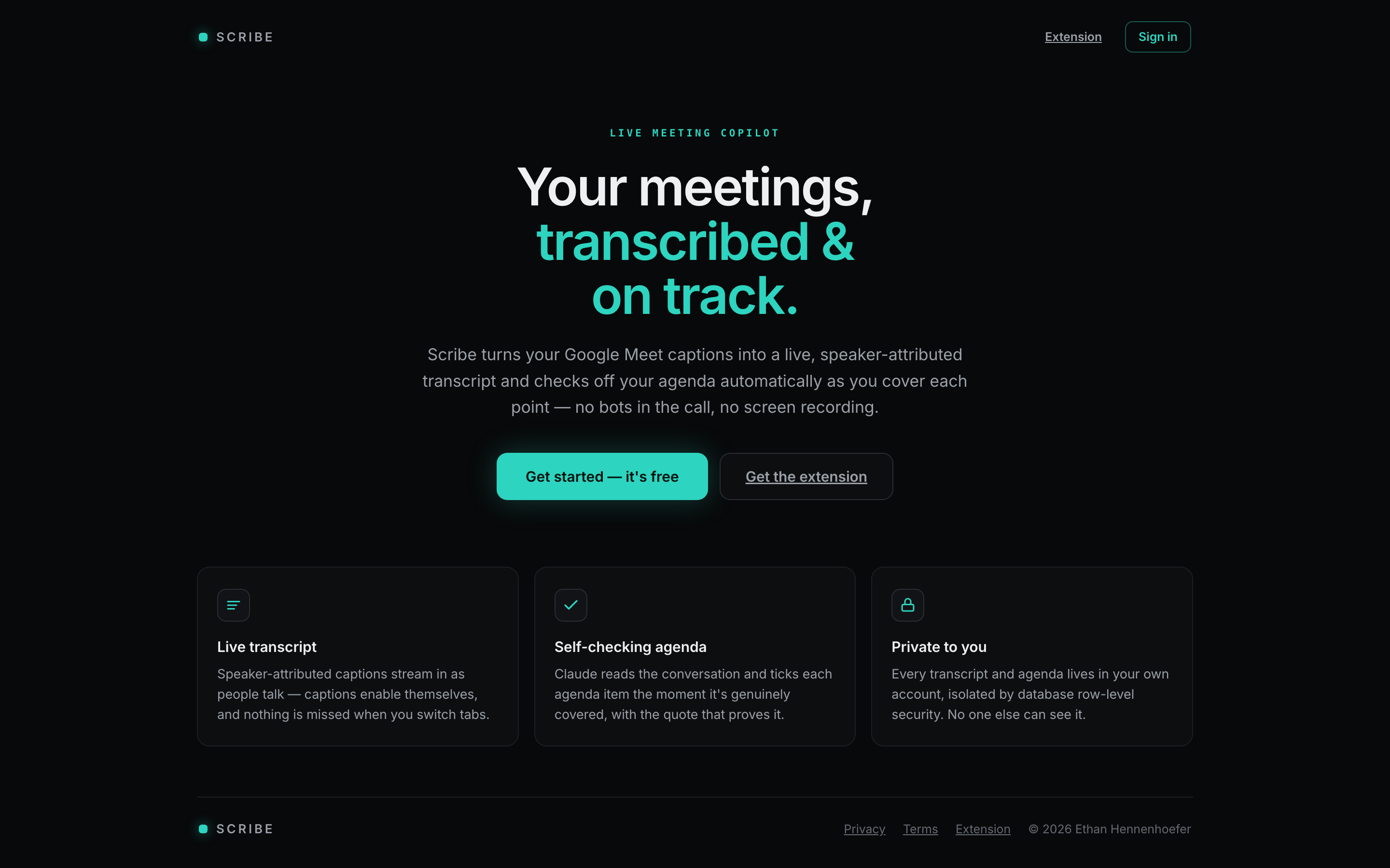 Scribe landing page: your meetings, transcribed and on track