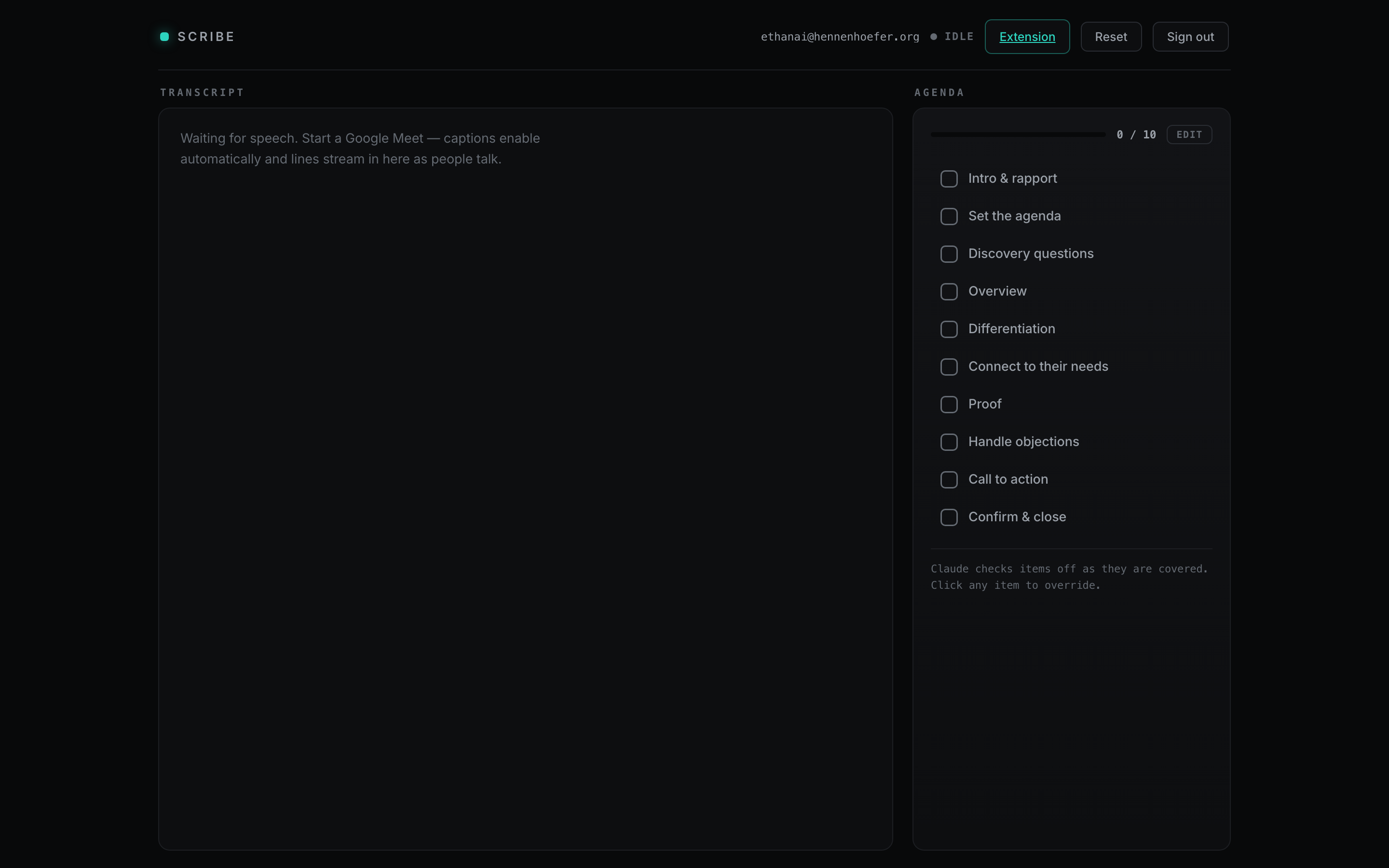 A fresh Scribe account: seeded ten-item agenda and an empty transcript waiting for speech